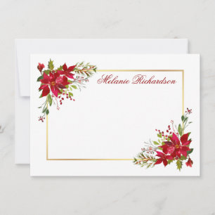 Cartão De Notas Floral de Poinsettia Vermelha Dourada em Aquarela