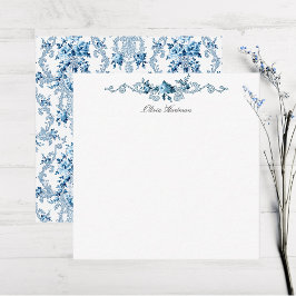 Cartão De Notas Floral do Rococo Francês Branco e Azul