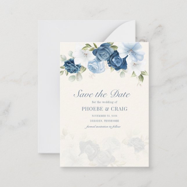 Cartão De Notas Floral Dusty Azul Eucalyptus Deixa a Data (Frente)