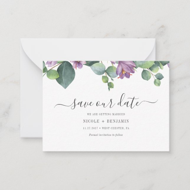 Cartão De Notas Floral Eucalipto Script Folhagem Salve A Data (Frente)