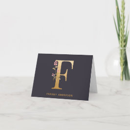 Cartão De Notas Floral F Monograma Dourado Elegante Personalizado