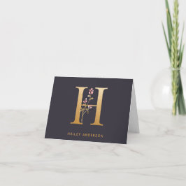 Cartão De Notas Floral H Monograma Dourado Elegante Personalizado