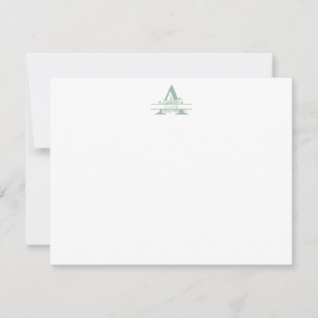 Cartão De Notas Floral Monogram with Green Gingham Note Card (Frente)