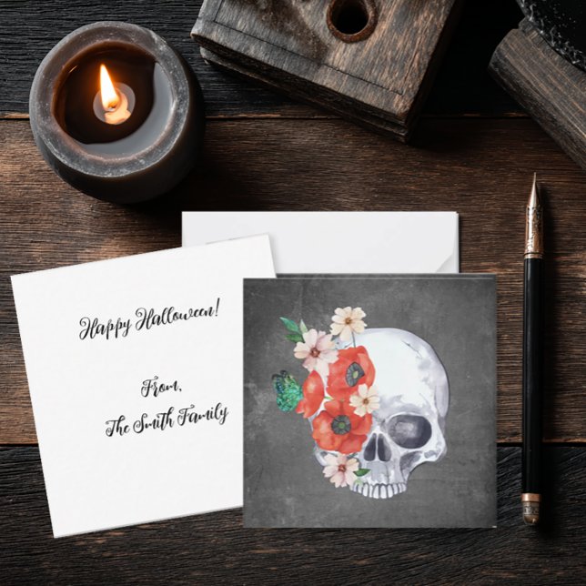 Cartão De Notas Floral Skull Halloween (Gothic Romance Floral Skull Notecard)