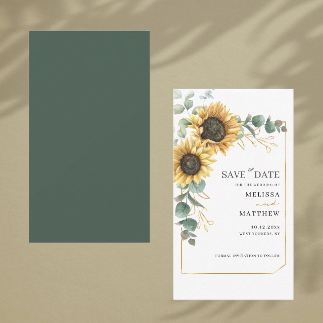 Cartão De Notas Floral Sunflower Eucalyptus Foliage Salvar Data (Sunflower Eucalyptus Typography Wedding Save the Date Business Card)