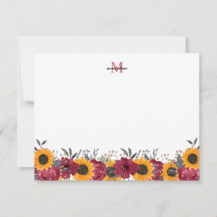 Cartão De Notas Floral Watercolor Monograma do Girassol