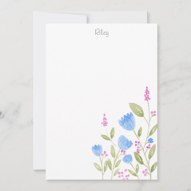 Cartão De Notas "Flores Azuis e Berries Rosa" (Frente)