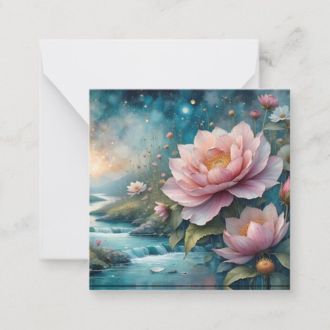 Cartão De Notas Flores cor-de-rosa paisagem aquática (Frente)