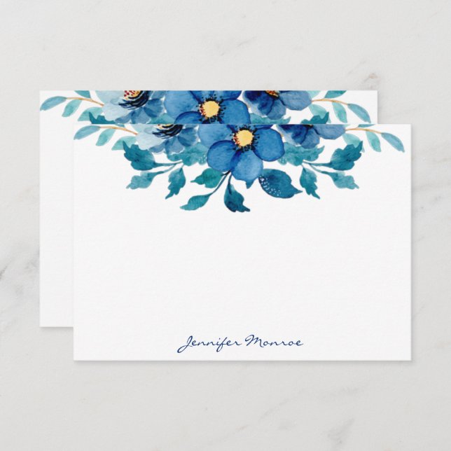 Cartão De Notas Flores de aquarelas azuis personalizadas (Frente/Verso)