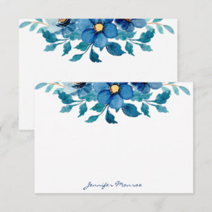 Cartão De Notas Flores de aquarelas azuis personalizadas
