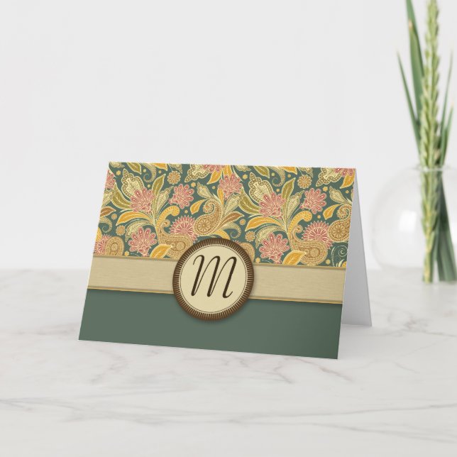 Cartão De Notas Flores de Paisley e de fã com monograma (Frente)
