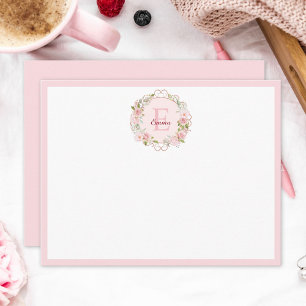 Cartão De Notas Flores de Rosa Cor de Rosa em Aquarela com Monogra