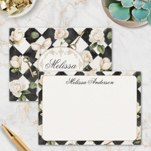 Cartão De Notas Flores de Rosa Vintage Monograma Diamante Preto Br