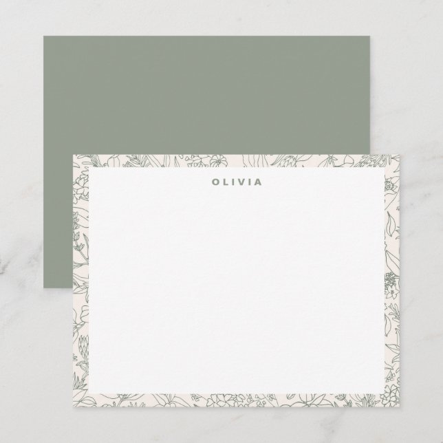 Cartão De Notas Flores Verdes Modernas Herbs Boho Padrão (Frente/Verso)