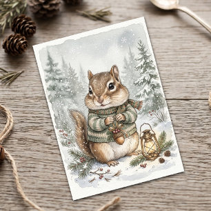 Cartão De Notas Floresta de Inverno Vintage com Esquilo Rústico