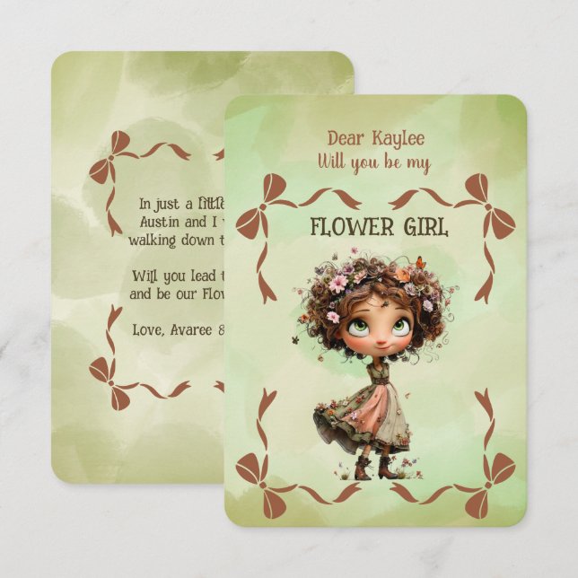Cartão De Notas Flower Girl Invitation Floral Green Watercolor (Frente/Verso)