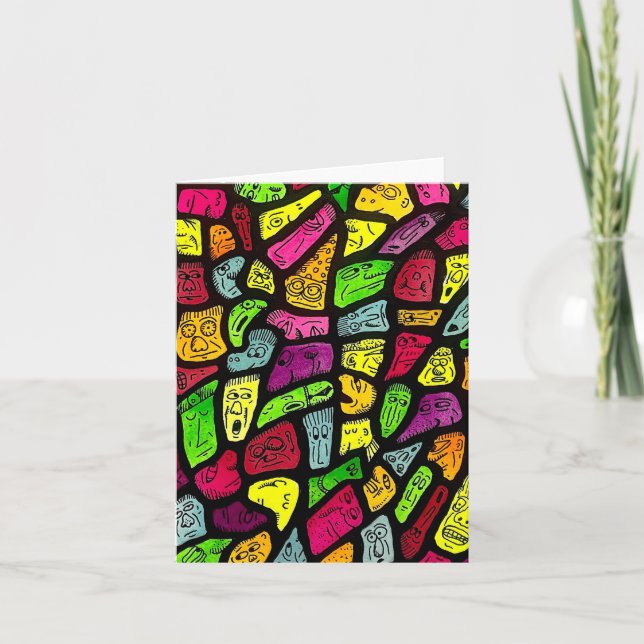 Cartão De Notas Fluorescent Cartoon Weird Faces Drawing Folded (Frente)