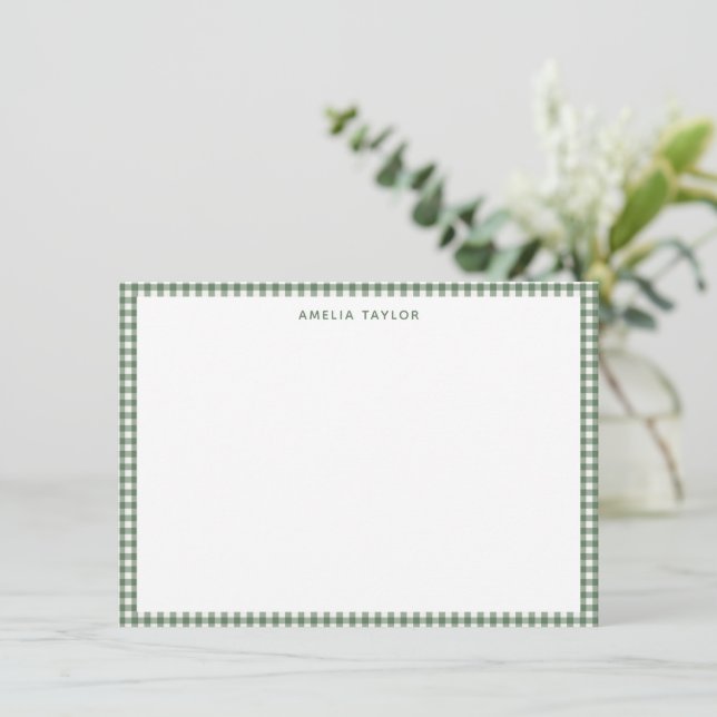 Cartão De Notas Fofo Personalizado Xadrez Verde Sage Retro (Em pé/Frente)
