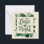 Cartão De Notas Folhagem Tropical Recém-casados Data Noite<br><div class="desc">A Tendência da Folhagem Tropical Greenery e Dourada deixa quadros modernos personalizados de data/hora, miniplacas de nota de atividade noturna - com borda das folhas tropicais, tipografia do Marcador Bruto e seu texto personalizado. Entregue-os aos convidados do casamento para preencher e cair no correspondente Dato Jar para a noiva e...</div>