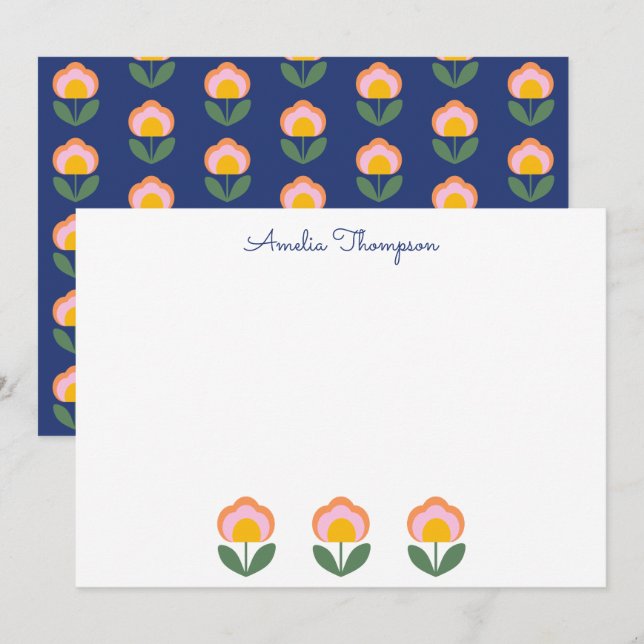 Cartão De Notas Folk Dinamarquês Flor Azul Nome Personalizado (Frente/Verso)