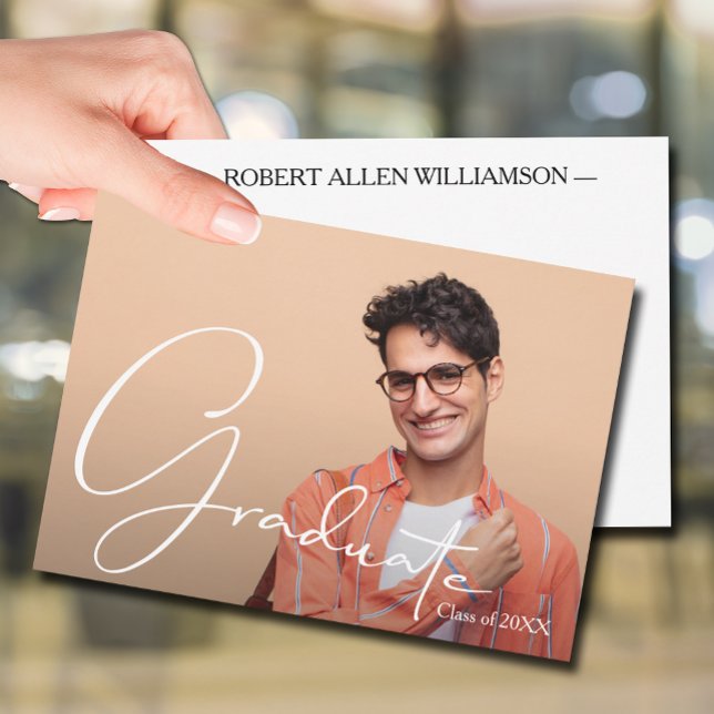 Cartão De Notas Formando de Fotografia Personalizado Flat Obrigado (5" x 7" Script Graduate on personalized photo flat thank you note cards, name & message on the back)