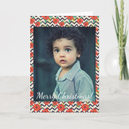 Cartão De Notas Foto Chevron Preto-Preto da Poinsettia Vermelha Na