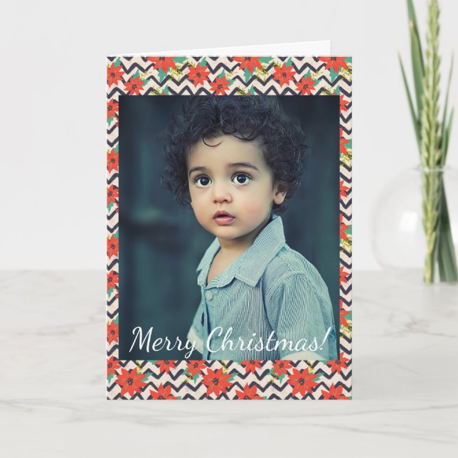 Cartão De Notas Foto Chevron Preto-Preto da Poinsettia Vermelha Na (Frente)