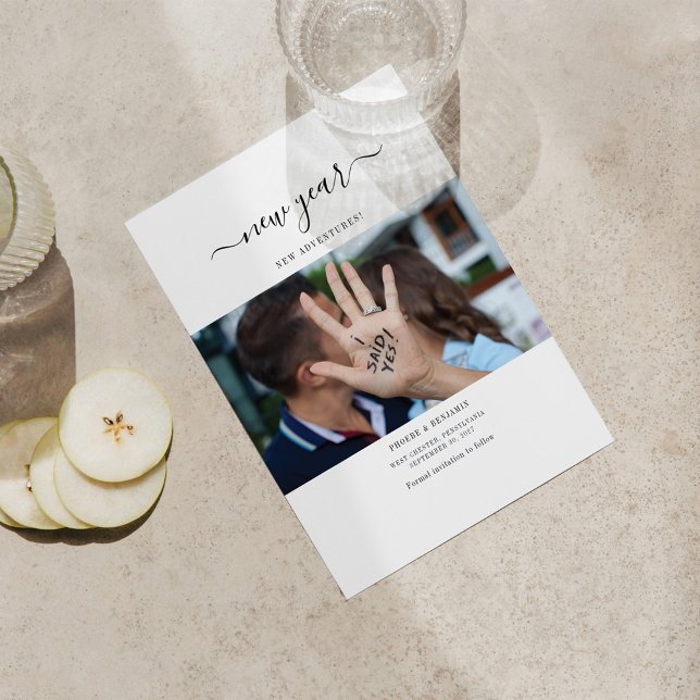 Cartão De Notas Foto de Aventuras de Ano Novo Salvar a Data (Criador carregado)