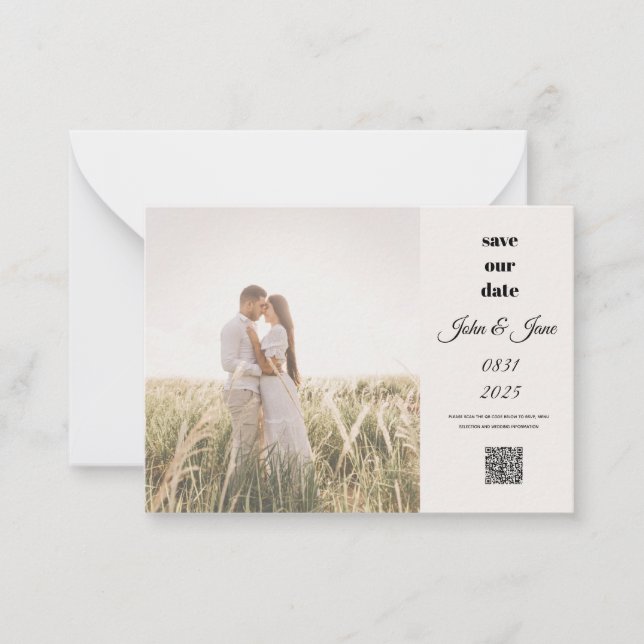 Cartão De Notas Foto de Campo Rústico Save the Date com QR Code (Frente)