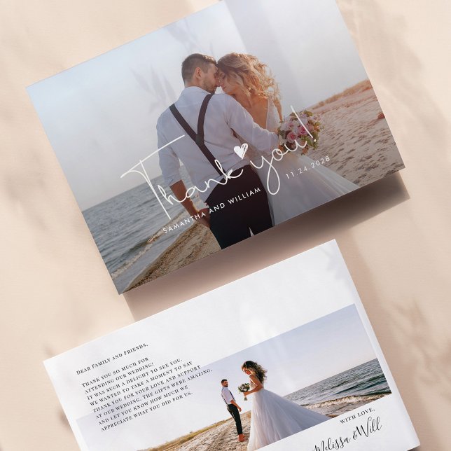 Cartão De Notas Foto De Casamento Com Letra De Mão Elegante Obriga (Wedding Day Photos Thank You Card Front and Back on Zazzle by Milestone Hub)