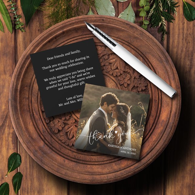Cartão De Notas Foto de Casamento de Coração Chic Dobrada Obrigado (Chic Heart Wedding Photo Budget Square Thank You Cards)