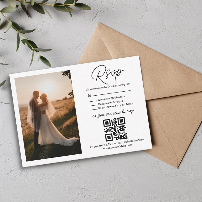 Cartão De Notas foto de casamento elegante do código rsvp qr minim (Criador carregado)