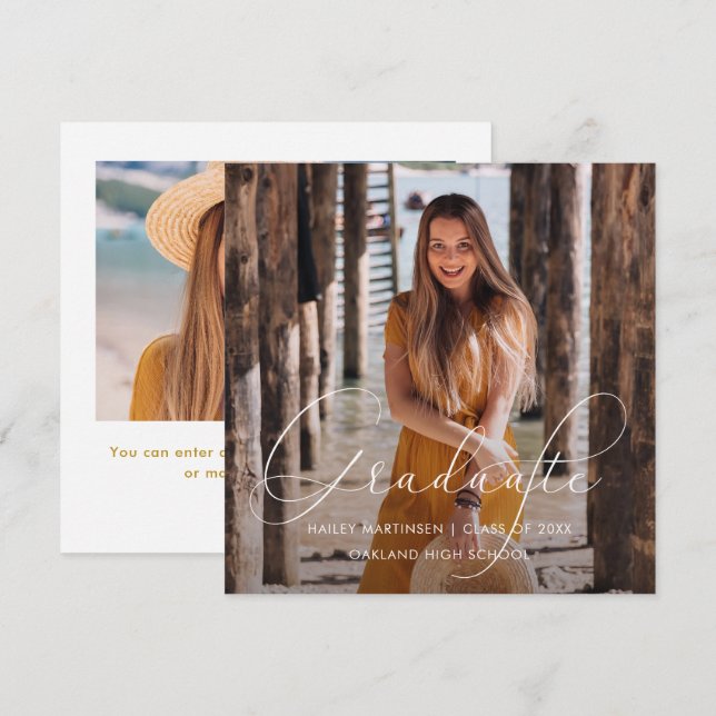 Cartão De Notas Foto de Script Branco do Formando Elegante (Frente/Verso)