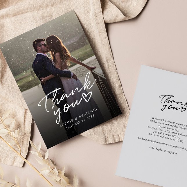 Cartão De Notas Foto Do Dia Do Casamento - Escrita Com Letra-Mão O (Elegant Wedding Photo Couples Thank You Card)