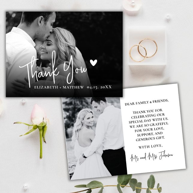 Cartão De Notas Foto em Preto e Branco Script Casamento Agradecime (Criador carregado)