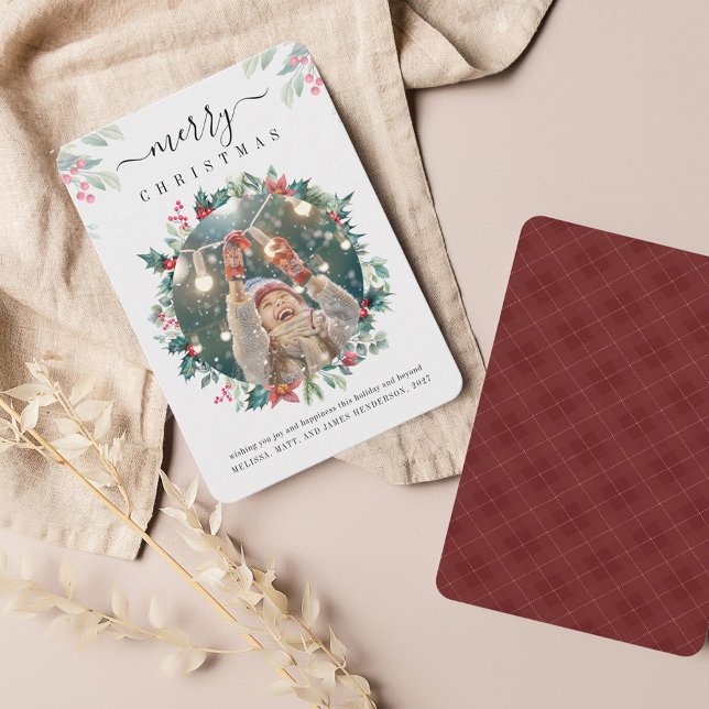 Cartão De Notas Foto Feliz Natal Berries Botânico (Red Berries Script Merry Christmas Photo Greetings Card)