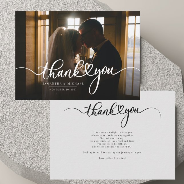 Cartão De Notas Foto Moderna - Casamento Com Letra De Mão Obrigado (Modern Photo Hand-Lettered Wedding Thank You Note Card)