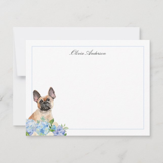 Cartão De Notas Francês Bulldog Blue Hydrangea Personalizado (Frente)