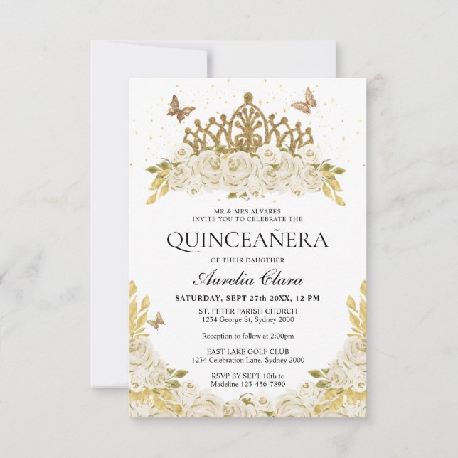 Cartão De Notas Frente branca Elegante Dourada Tiara Quinceanera (Frente)