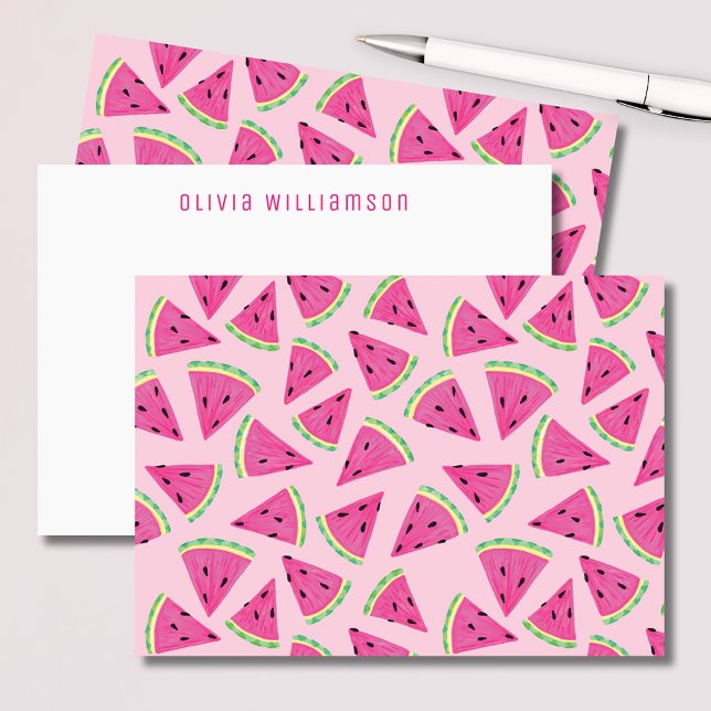 Cartão De Notas Fruta de Melancia Rosa Personalizada (Colorful pink, tropical watermelon slice notecards. Customize with your own name or choice of text.)