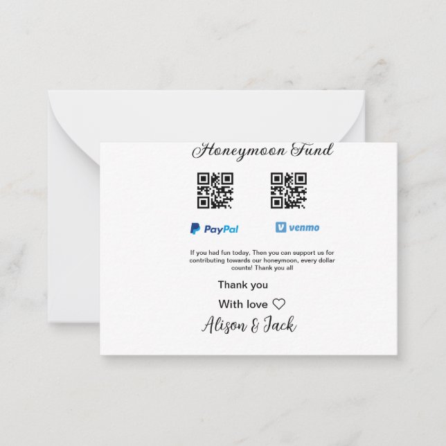 Cartão De Notas Fundo de lua de mel doação venomo pagamento Q R ca (Frente)