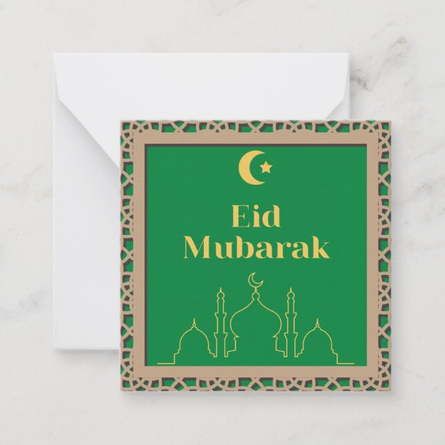 Cartão De Notas Fundo Verde Eid Mubarak com quadro de efeito 3D (Frente)