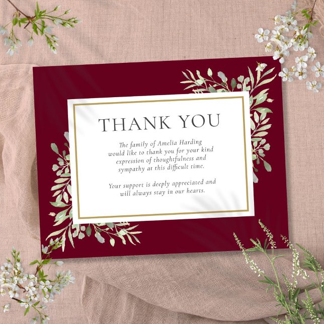 Cartão De Notas Funeral Burgundy Greenery Obrigado (Funeral Burgundy Greenery Thank You Note Card)