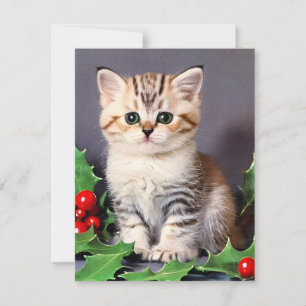 Cartão De Notas Gatinho de Natal Vintage e Azevinho