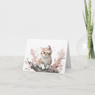 Cartão De Notas Gatinho Em Flores Rosa Aquarela