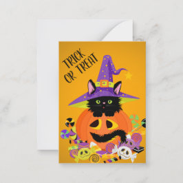 Cartão De Notas Gatinho Preto Fofo Abobora de Halloween Chapéu Tru