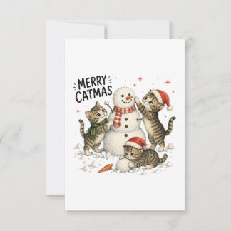 Cartão De Notas Gatinhos de Natal Construindo Boneco de Neve