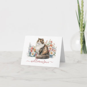 Cartão De Notas Gato Adorável na Aquarela do Jardim e Sobrenome