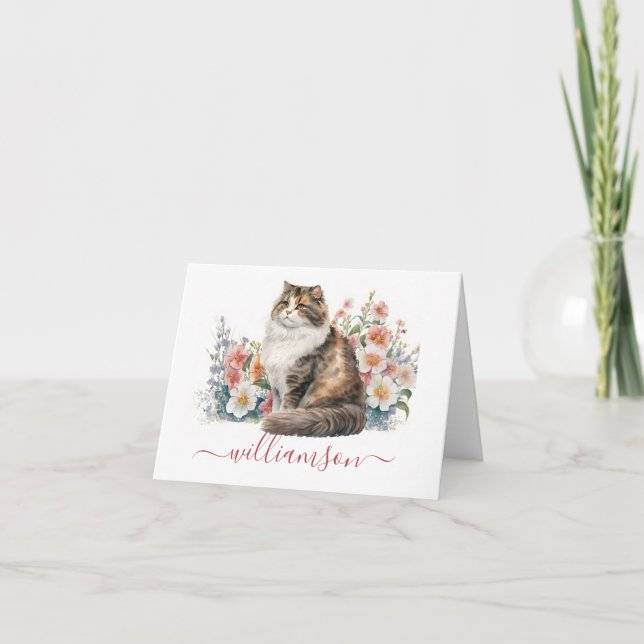 Cartão De Notas Gato Adorável na Aquarela do Jardim e Sobrenome (Frente)