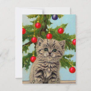 Cartão De Notas Gato Antigo e Árvore de Natal